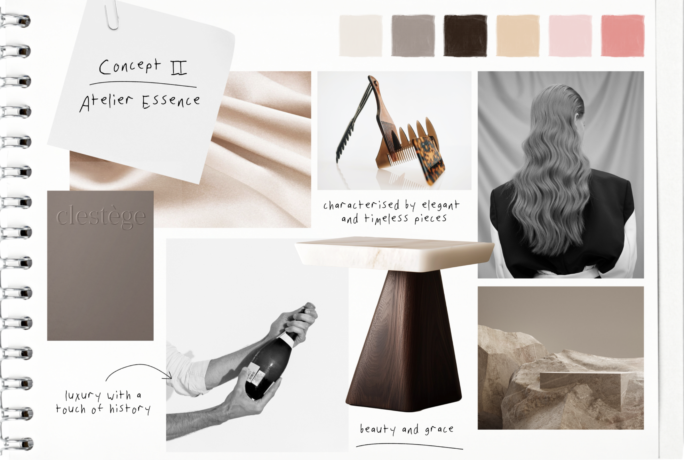 Concept II Atelier Essence moodboard — neutral, taupe and blush palette, elegant and timeless